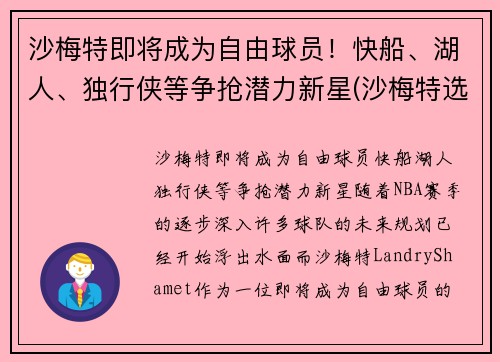 沙梅特即将成为自由球员！快船、湖人、独行侠等争抢潜力新星(沙梅特选秀)