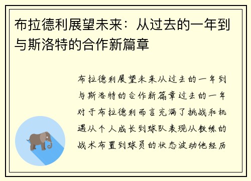 布拉德利展望未来：从过去的一年到与斯洛特的合作新篇章