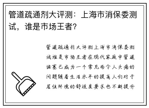 管道疏通剂大评测：上海市消保委测试，谁是市场王者？
