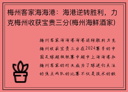 梅州客家海海港：海港逆转胜利，力克梅州收获宝贵三分(梅州海鲜酒家)