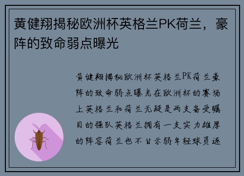 黄健翔揭秘欧洲杯英格兰PK荷兰，豪阵的致命弱点曝光