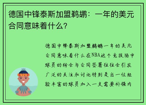 德国中锋泰斯加盟鹈鹕：一年的美元合同意味着什么？